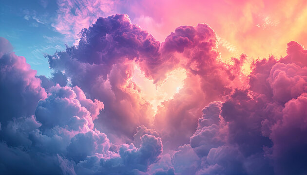 Naklejki A captivating sunset scene with heart-shaped clouds in the sky, creating a picturesque love background. Valentine's Day. Generated AI