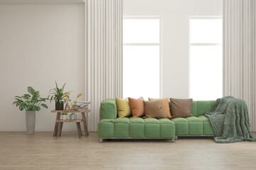 White living room with sofa. Scandinavian interior design. 3D illustration