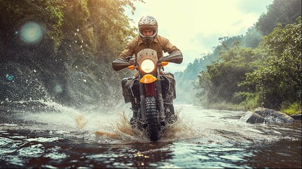 adventure motorcycle rider a crossing a river, exotic jungle location
