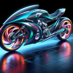 A Neon lights style futuristic motorcycle is shown on a black background