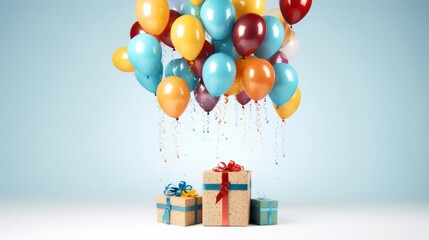 Gift wrapping with red ribbon, as well as balloons ready to fly, on a bright background.
