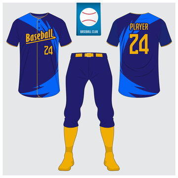 Baseball uniform or baseball jersey mock up. Sportswear, t-shirt sport, short, sock template. Front and back view baseball kit. Flat baseball logo on blue label. 