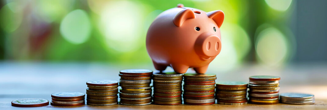 Staircase of piggy bank and coins