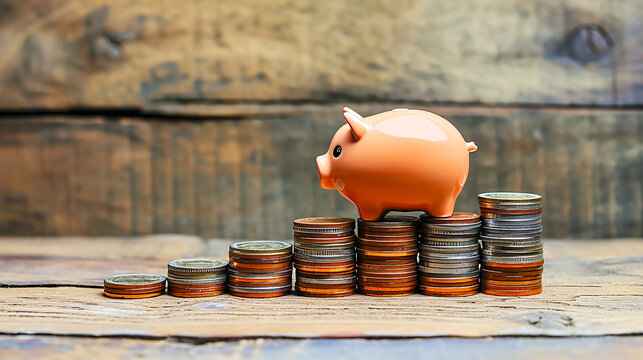 Staircase of piggy bank and coins