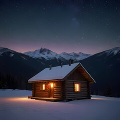 Cabin in the Snowy Mountains at Night