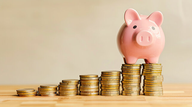 Staircase of piggy bank and coins