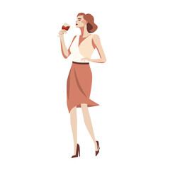 The elegant woman enjoying a drink in a retro glamour style. The image is isolated on a white background