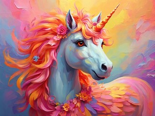 The head of a white unicorn with a golden twisted horn and a beautiful pink mane in the style of watercolor painting, close-up