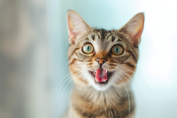 A tabby kitten meowing with the background out of focus.