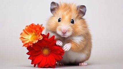 Cute hamster with flowers on white background. Love from hamster. Valentine's Day.