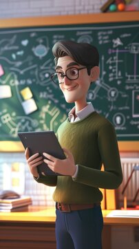 Cartoon digital avatars of a motivated teacher in a classroom, using a tablet to access various educational resources while standing in front of a chalkboard filled with diagrams and charts.