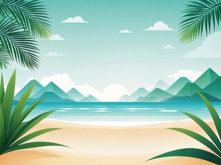 Fototapeta na wymiar A summer-themed background featuring a beach scene with palm leaves gracefully placed in the corners by ai generated