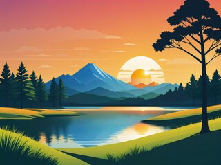 A sunset landscape featuring mountains, trees, water by ai generated