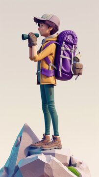 Cartoon digital avatar of Outdoor Enthusiast A determined explorer with a purple backpack and binoculars, who is always eager to discover new and exciting landscapes.