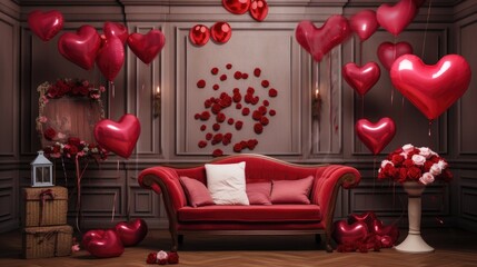 Interior of festive room decorated for Valentine's Day with air balloons, flowers and candles