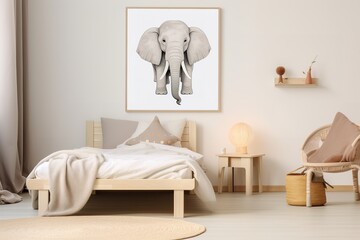 a modern and minimalistic bedroom with a wooden bed, a nightstand, a lamp, and a woven basket. The focal point of the image is a large framed illustration of an elephant hanging above the bed.