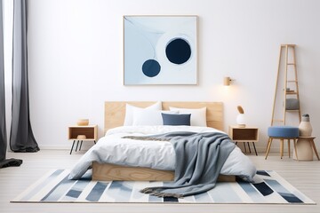 a modern and stylish bedroom with a wooden bed, white walls, and a blue and white rug. The room has a minimalist design with a wooden ladder and a blue chair. The bed is covered in a gray blanket