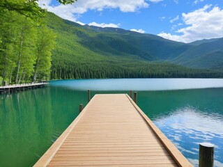 Fototapeta premium A wooden dock overlooking a serene lake in the background by ai generated