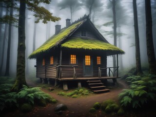 Fototapeta na wymiar An eerie, old hut concealed in a foggy forest, shrouded in the mysteries of nature by ai generated