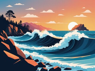 Breaking waves crash against a rocky coastline at sunset by ai generated