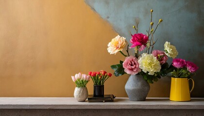 a variety of flowers, positioned against a contemporary and well-lit wall background, creating a visually pleasing and modern composition