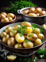 Freshly boiled young potatoes garnished with dill, parsley, and onions by ai generated