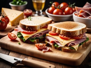 Sandwiches arranged on a cutting board, layered with ham, cheese, and tomato slices by ai generated