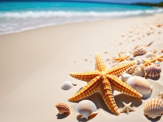 Fototapeta na wymiar Starfish and shells scattered on the sandy shore, with a paradisiacal beach in the background by ai generated
