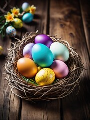 Obraz premium Vibrantly colored Easter eggs nestled inside a nest placed on a wooden table by ai generated