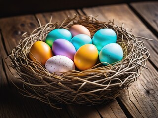 Fototapeta na wymiar Vibrantly colored Easter eggs nestled inside a nest placed on a wooden table by ai generated