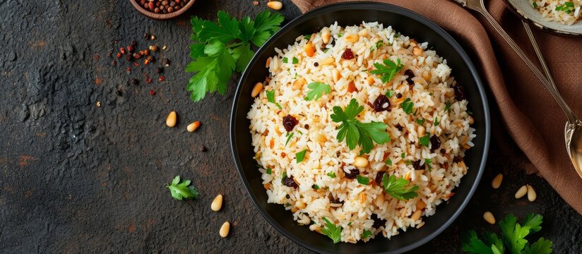 Turkish dish, rice pilaf with pine nuts and currants, known as bademli ic pilav or pilaf.