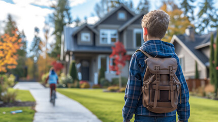Kids coming home from school at the end of day. Wearing backpack and walking towards the house. - obrazy, fototapety, plakaty