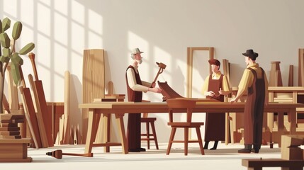 Cartoon digital avatars of a seasoned and experienced furniture designer, instructing apprentices on how to use traditional woodworking tools. - obrazy, fototapety, plakaty