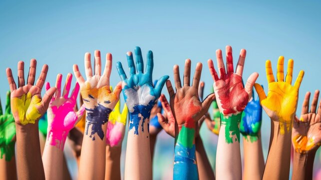International human rights day, diverse hands raised up together. Capturing the diverse voices, actions, and aspirations that contribute ongoing of building a more just and equitable global society