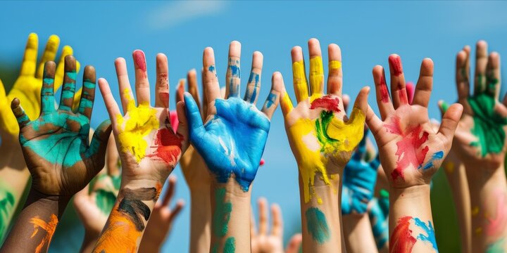 International human rights day, diverse hands raised up together. Capturing the diverse voices, actions, and aspirations that contribute ongoing of building a more just and equitable global society