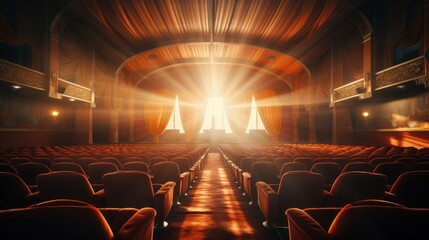 futuristic cinema auditorium hall with curtains and a white empty blank screen