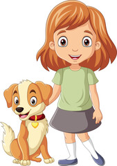 Cartoon little girl with her dog
