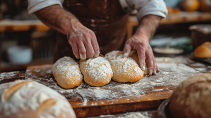 Baker making bread in a bakery. Dusting loaves with flour. - obrazy, fototapety, plakaty
