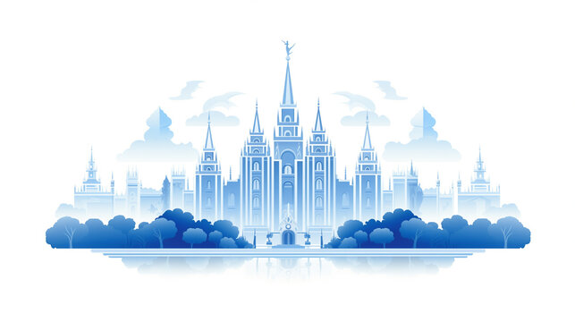 LDS Mormon temple design in blue tones. Flat graphic of The Church of Jesus Christ of Latter-day Saints