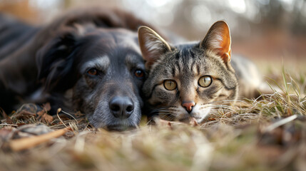 Old dog and cat resting next to each other on a farm while laying in hay.