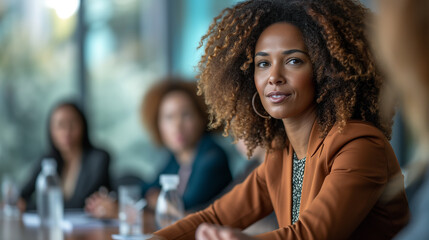 Black female business leaders in a boardroom meeting in corporate office. Diverse group of women. - obrazy, fototapety, plakaty