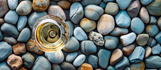 Obraz na płótnie Canvas A sea pebbles background with a jug of white wine seen from above.