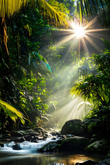 Fototapeta na wymiar Enchanted River Jungle Twilight Symphony with Sunbeams and Bokeh