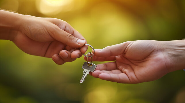 One hand passing and another hand receiving new house keys. Concept for home ownership. Buying and selling first time.