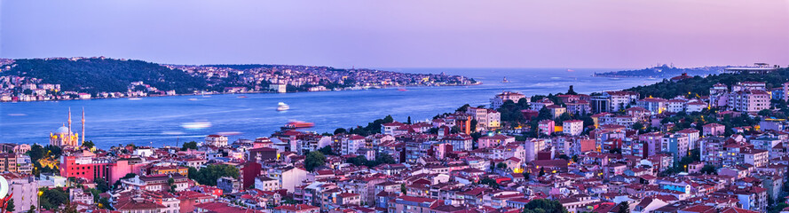 Panoramic View of the city, Bosphorus and Asian side from Ortakoy area at sunset in Istanbul