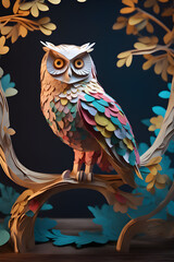 Paper craft A beautiful owl on a decorative tree branch