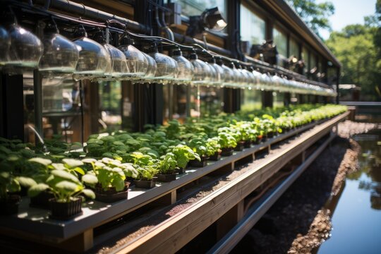 State-of-the-art aquaponics system growing fish and vegetables, Generative AI
