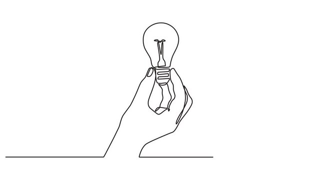 Continuous one line animation. Hand drawn animated motion graphic element of a Hand holding a light bulb. symbol of idea, solution, creative, solution, technology, energy. 4k videos