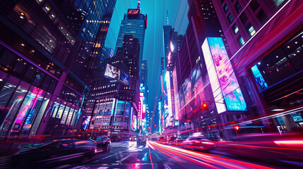 This stock photograph captures the pulsating energy of a futuristic cityscape at twilight, with neon lights and streaks of traffic that evoke a scene crafted by AI Generative creativity.