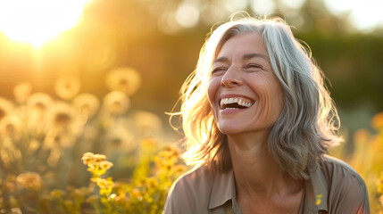 A senior woman laughing amidst sunflowers at sunset, epitomizing the beauty of enjoying life's simple pleasures – this image is AI Generative. - obrazy, fototapety, plakaty